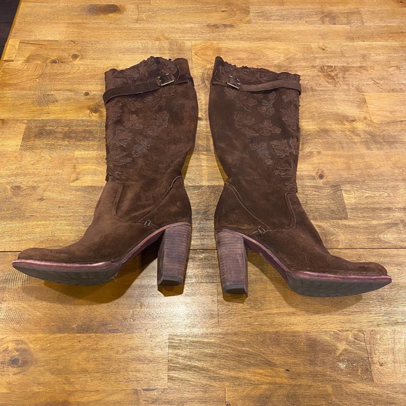 Apepazza Knee High Brown Leaf Pattern Suede Boots Size 9.5 - Picture 1 of 15